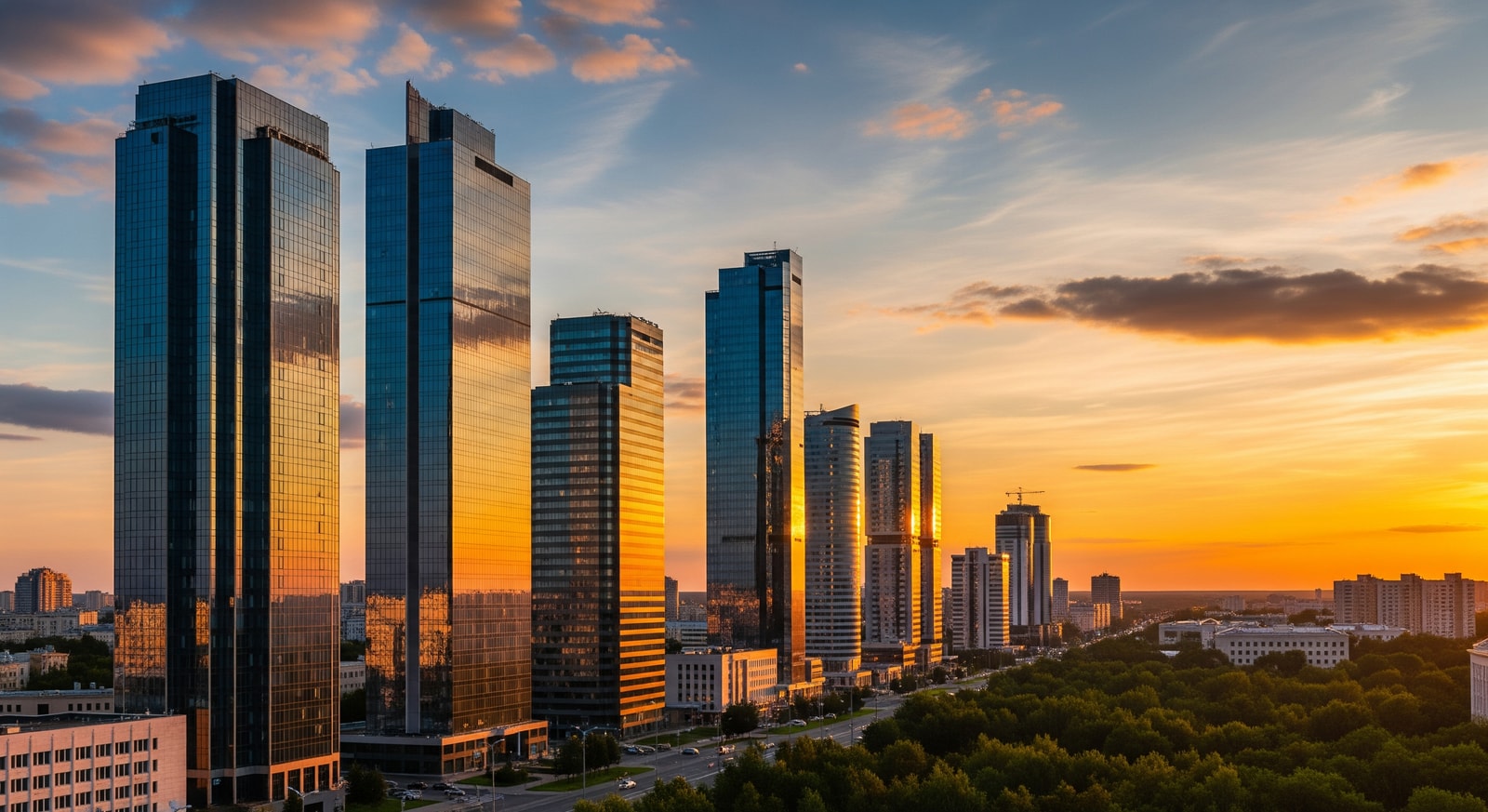 Modern glass skyscrapers of Minsk's business district along Independence Avenue at sunset