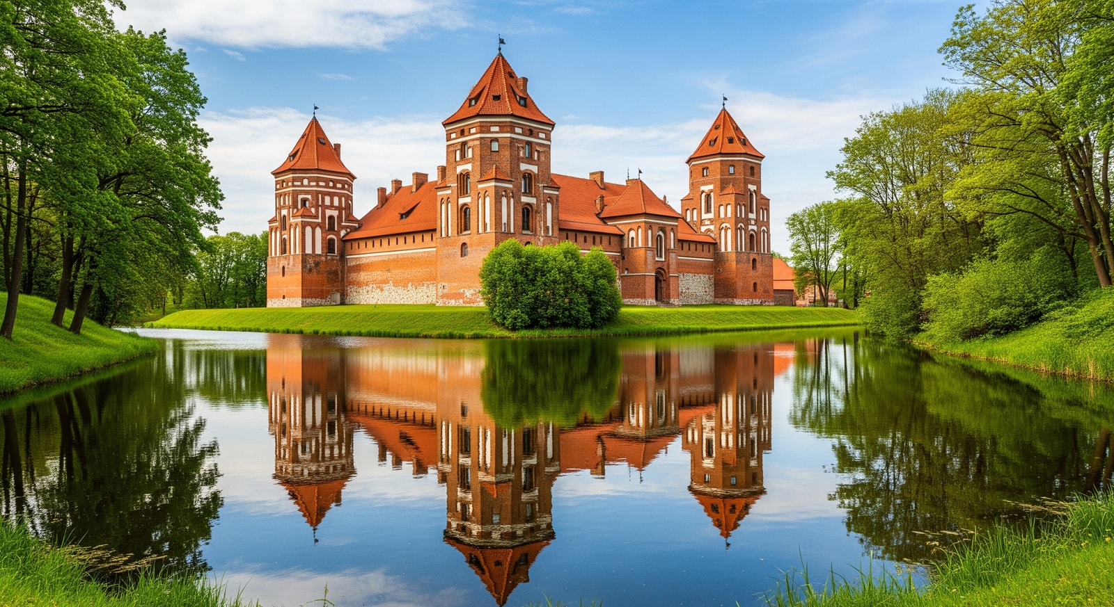 Majestic Mir Castle surrounded by lush greenery with its distinctive red brick towers reflected in the moat
