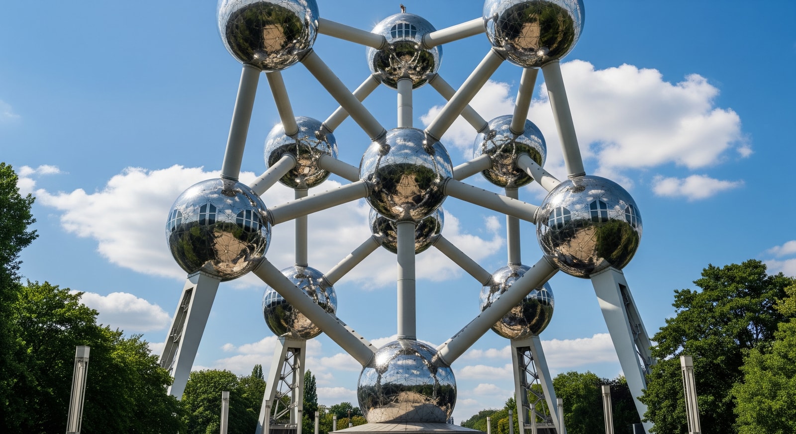 The iconic Atomium structure in Brussels with its nine interconnected steel spheres against a blue sky