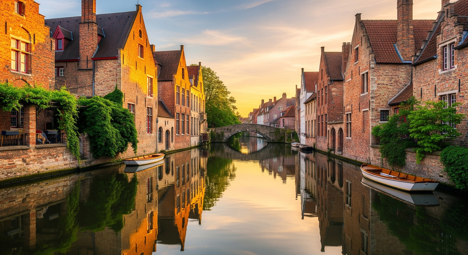 Medieval canal in Bruges with traditional Flemish brick houses reflecting in calm water at golden hour