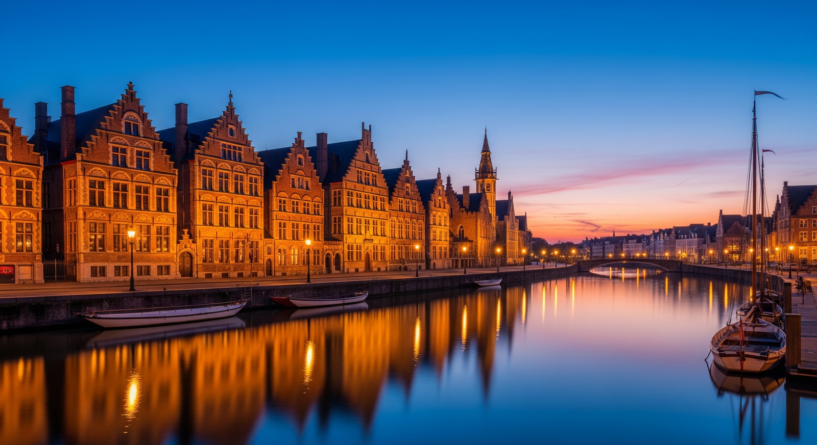 Historic Graslei waterfront in Ghent at dusk with medieval guildhalls reflecting in the river Leie