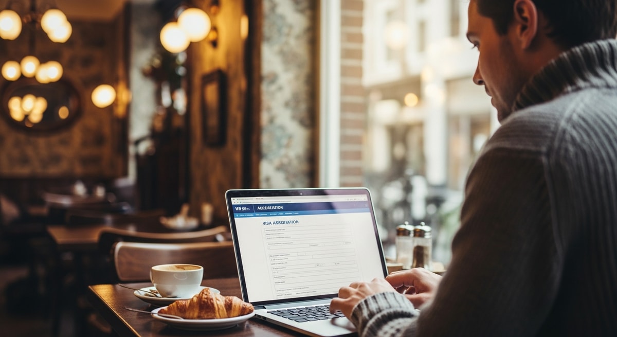 Traveler reviewing Belgium visa application on laptop in a cozy Belgian cafe