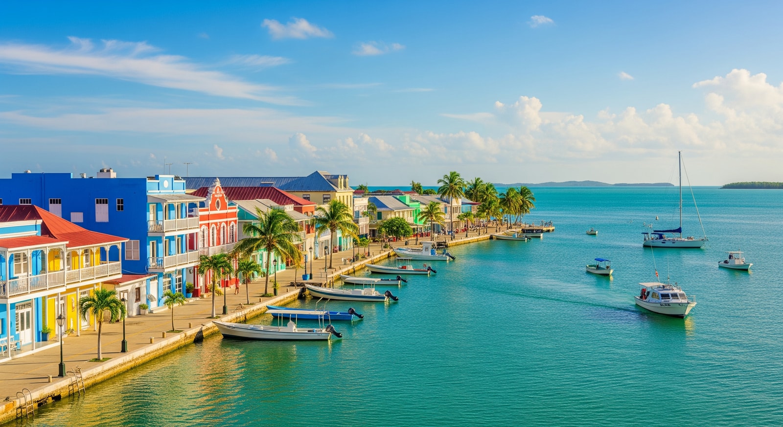 Belize City waterfront with colorful colonial buildings and Caribbean Sea in the background
