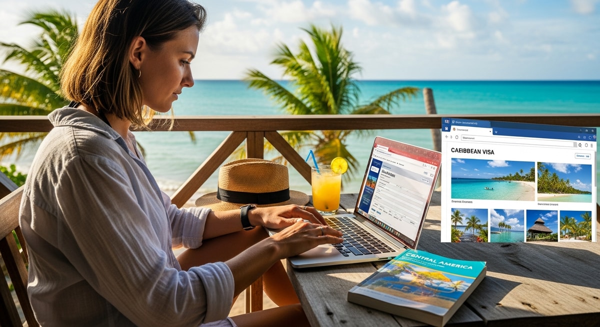 Traveler using laptop to apply for Belize visa while researching Caribbean destinations