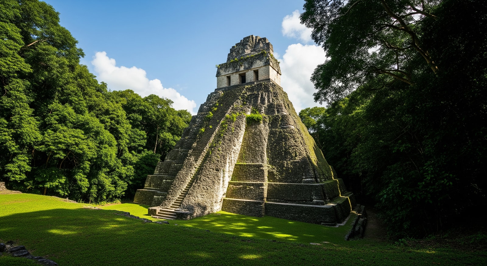 Ancient Mayan pyramid at Xunantunich archaeological site surrounded by lush jungle