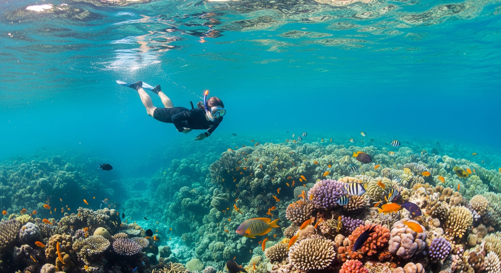 Snorkeler swimming above vibrant coral reef in the Belize Barrier Reef