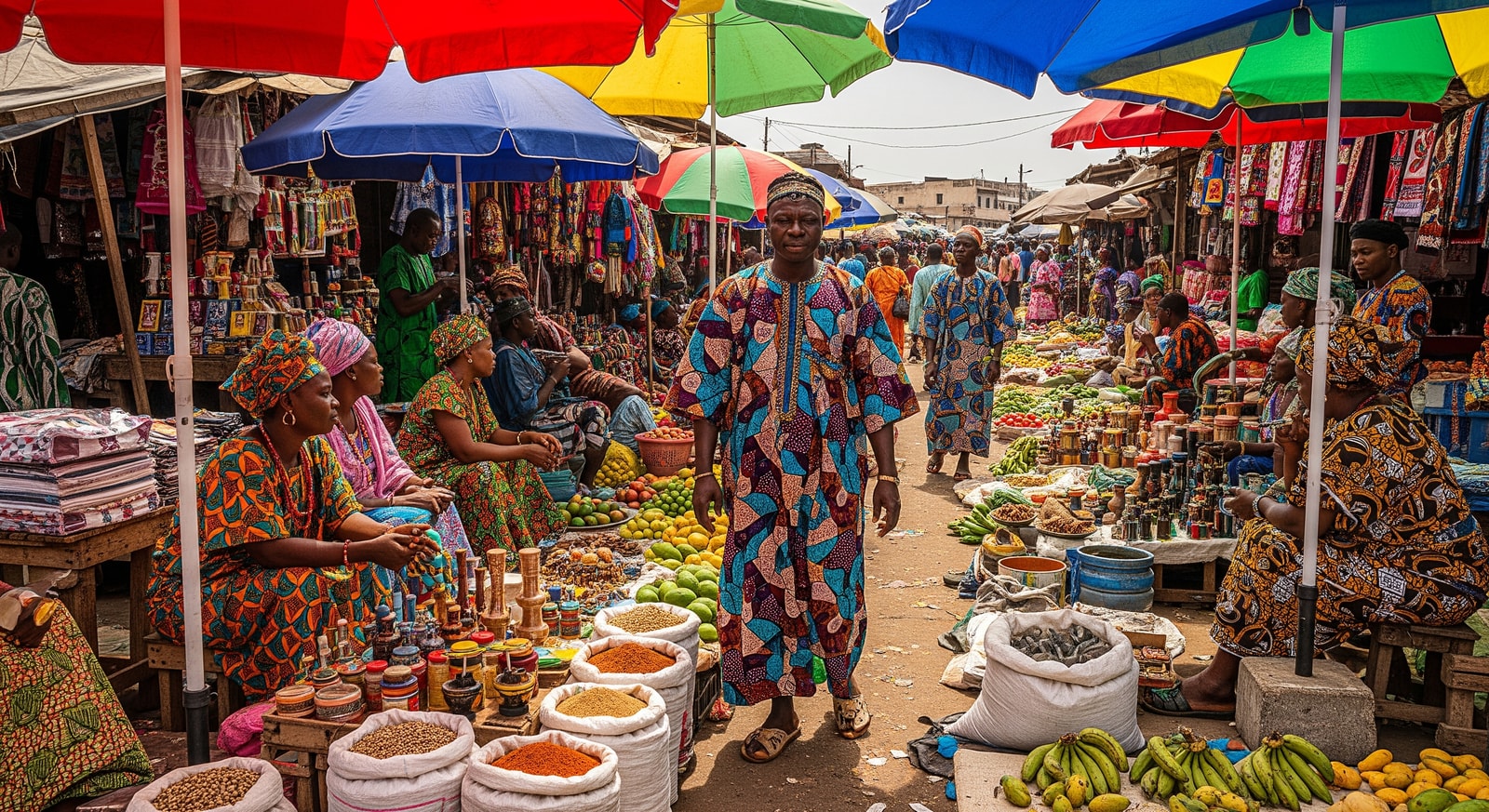 Bustling Dantokpa Market in Cotonou with colorful umbrellas and vendors selling traditional goods