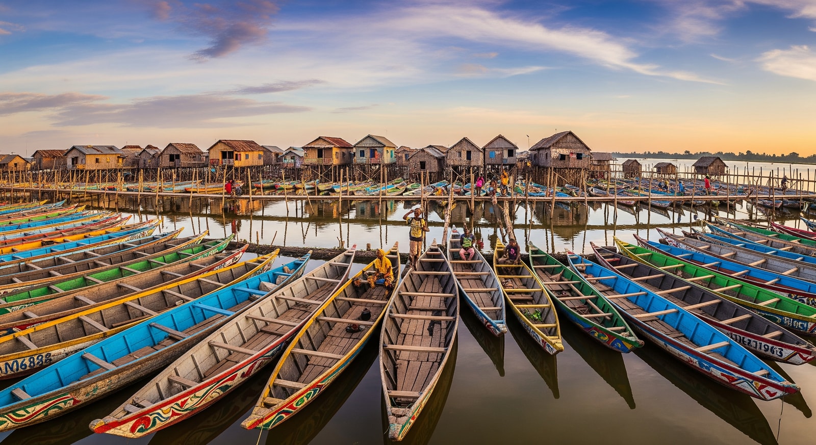 Colorful wooden boats and traditional stilt houses on Lake Nokoue in the Ganvie floating village