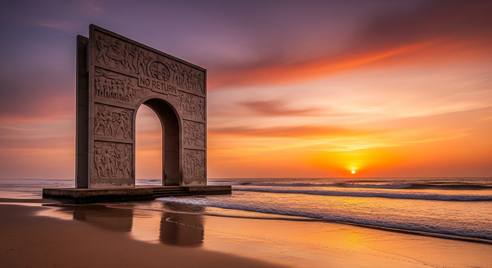 The Door of No Return memorial arch on the beach at Ouidah during sunset