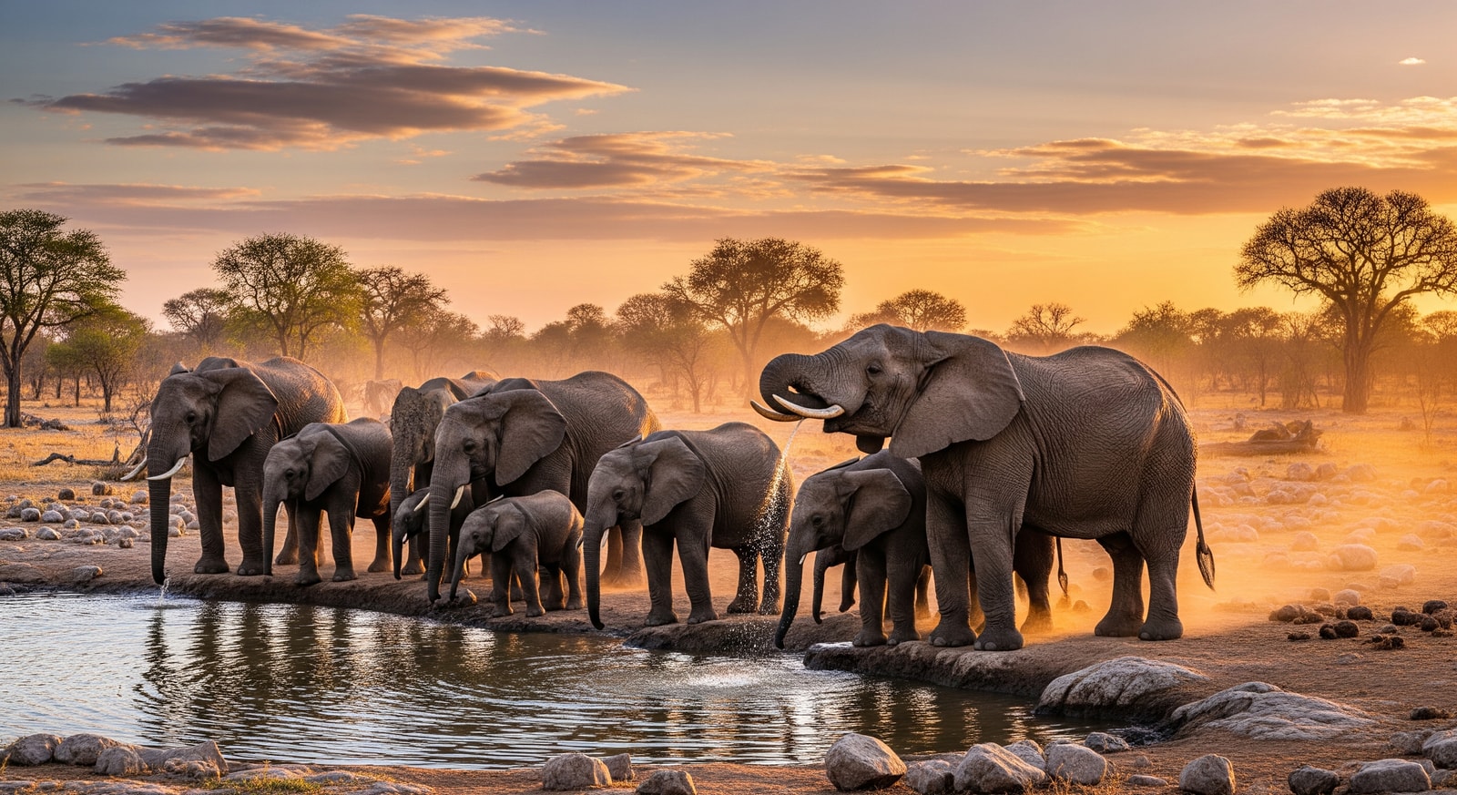Elephants gathering at a watering hole in Pendjari National Park during golden hour