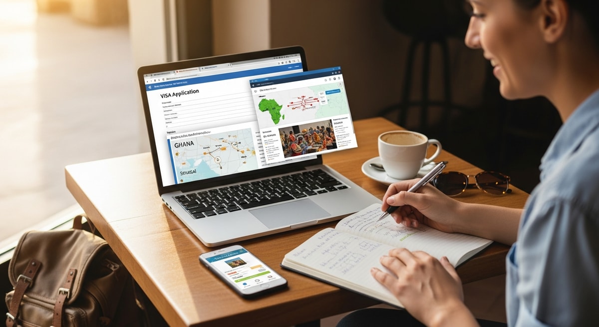 Traveler using laptop to apply for Benin visa while researching West African destinations