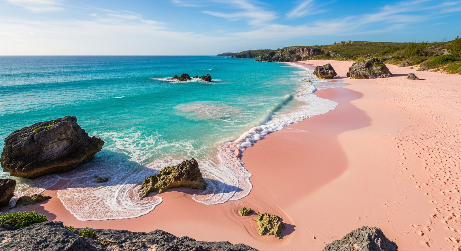 Famous pink sand beach at Horseshoe Bay in Bermuda with turquoise waves and rocky outcrops