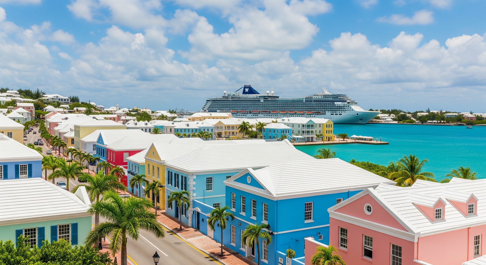 Colorful pastel buildings along Front Street in Hamilton, Bermuda with cruise ship in the harbor