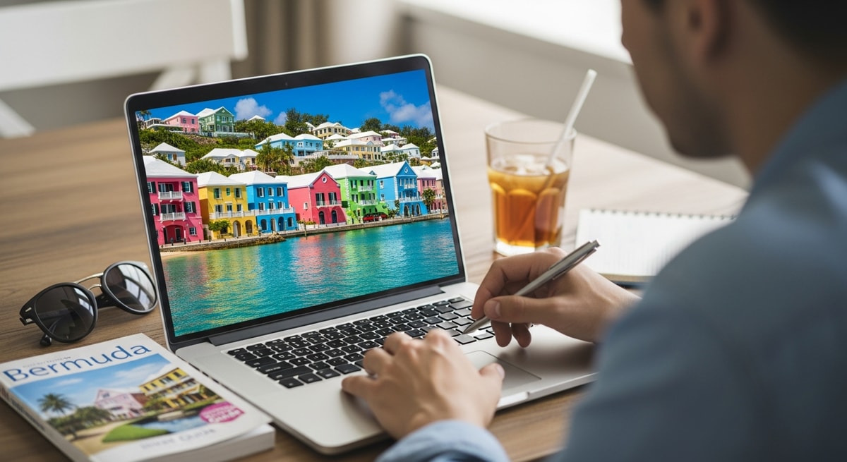 Traveler planning Bermuda trip with laptop showing colorful pastel houses along the waterfront