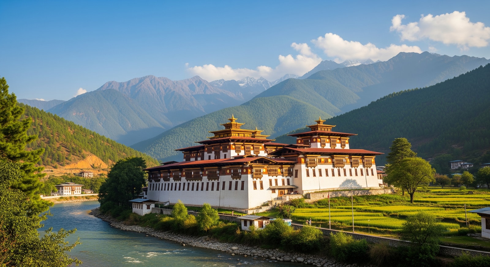 Rinpung Dzong fortress monastery in Paro Valley with traditional Bhutanese architecture and mountain backdrop