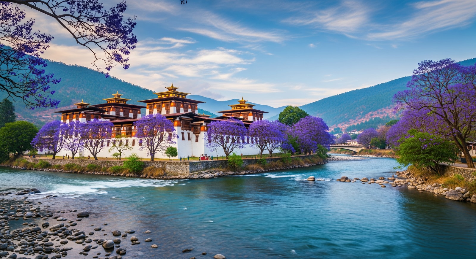 Majestic Punakha Dzong at the confluence of two rivers with jacaranda trees in bloom