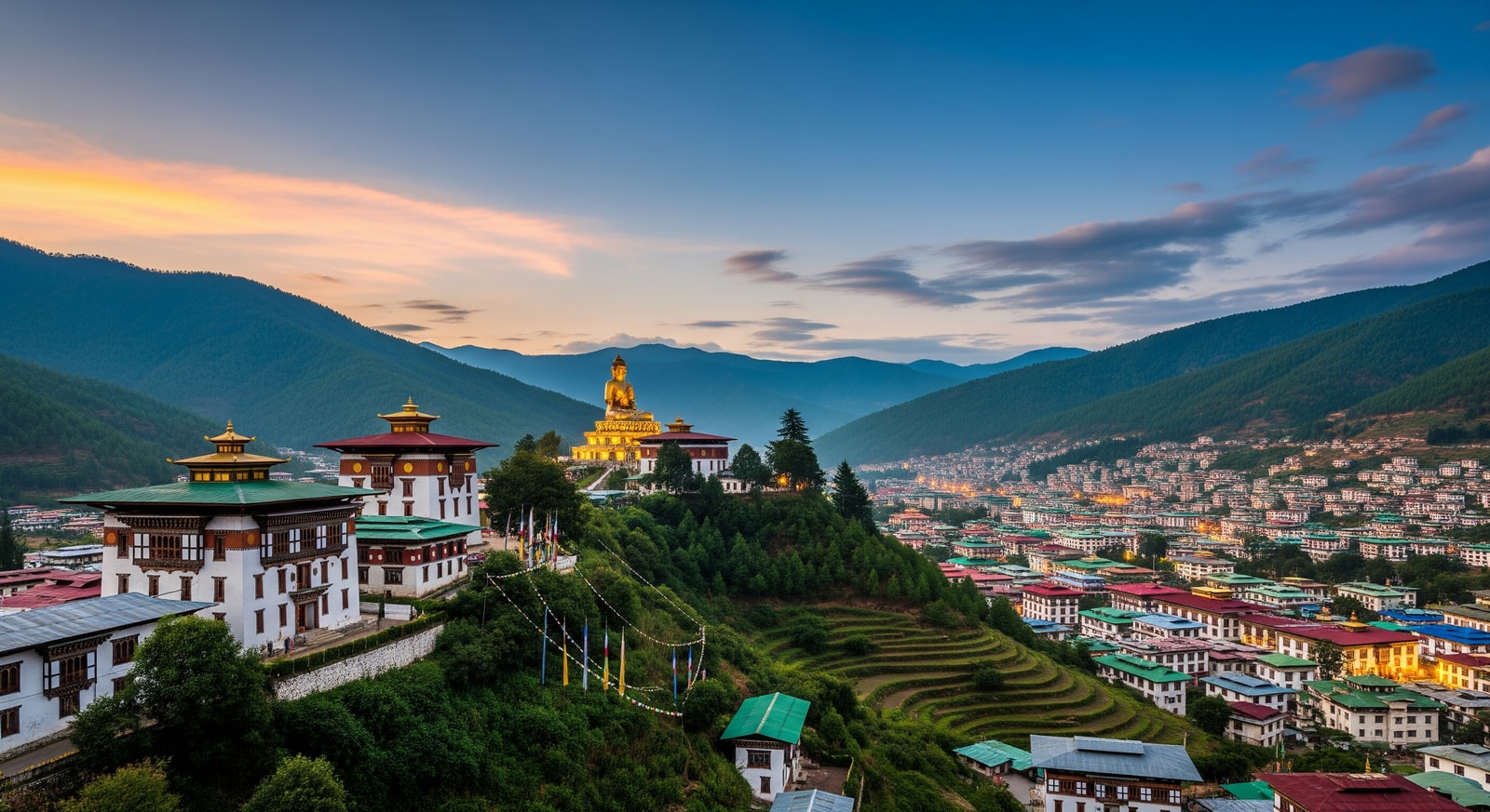 Thimphu cityscape with traditional Bhutanese buildings and the massive Buddha Dordenma statue overlooking the valley