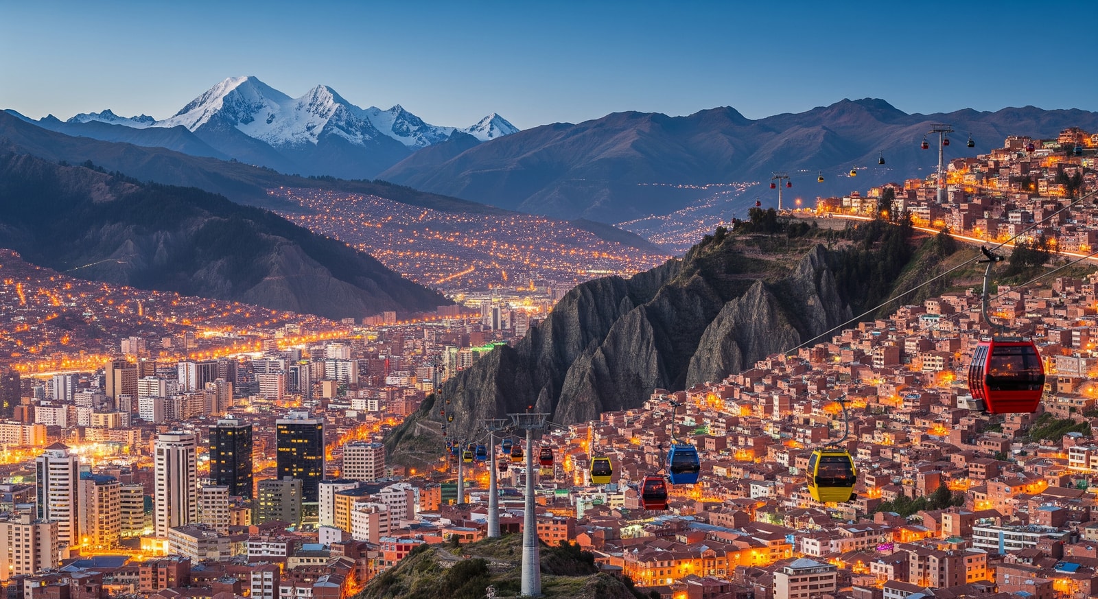 Panoramic view of La Paz city nestled in the Andes mountains with cable cars crossing the skyline