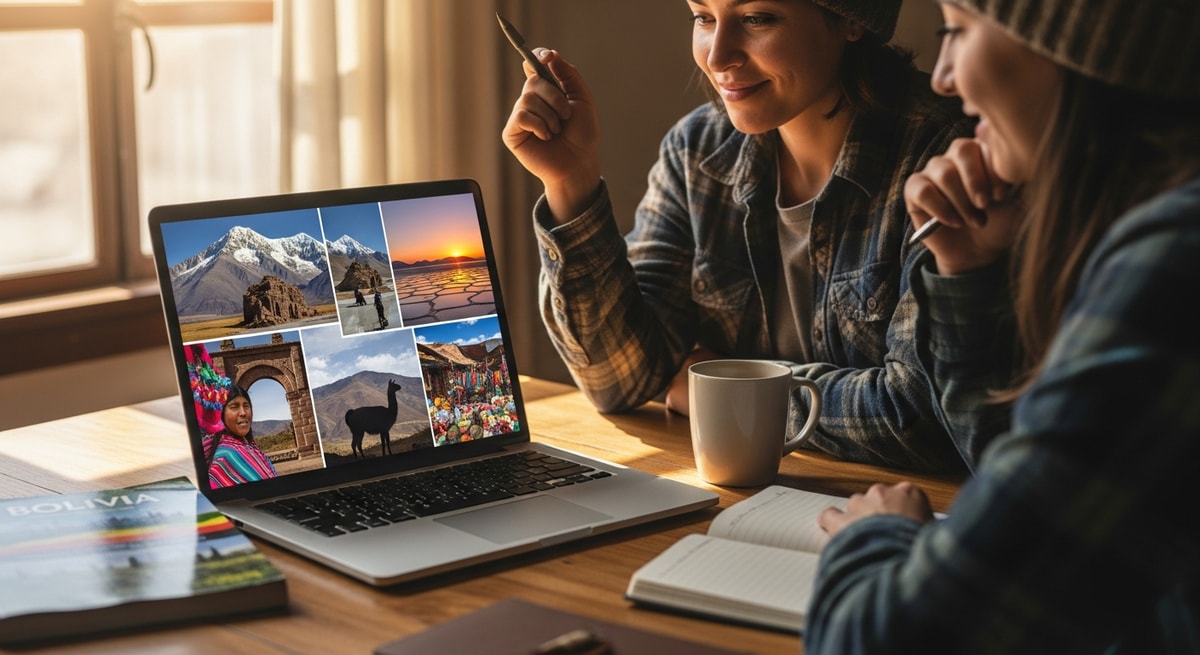 Traveler planning Bolivia adventure with laptop showing Andean landscapes