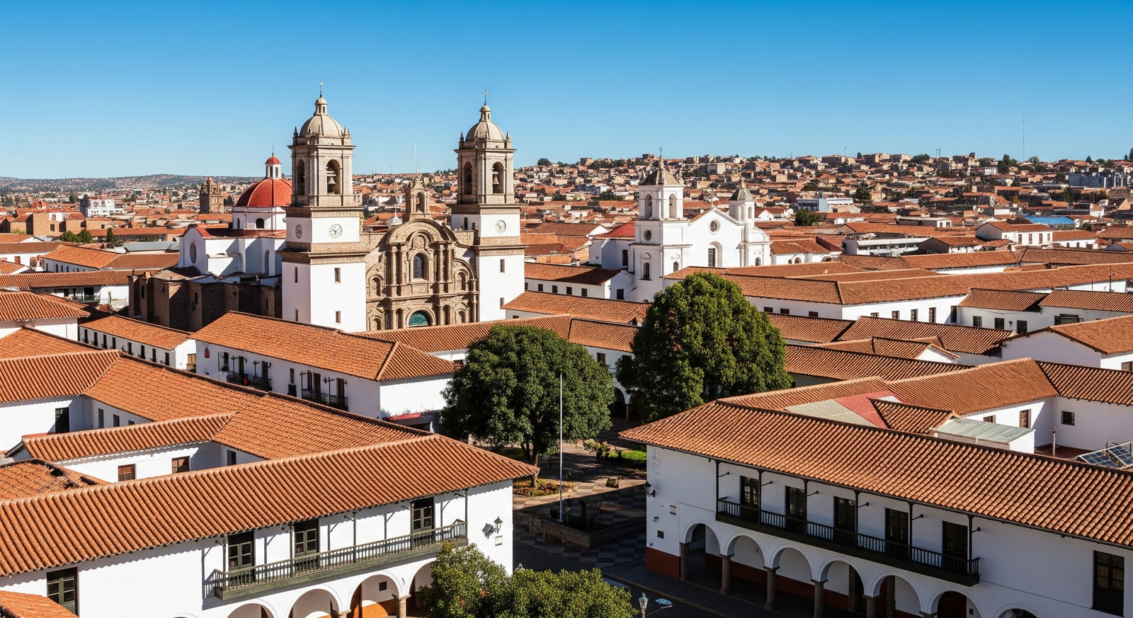 White colonial buildings and red-tiled roofs of Sucre's historic center with church bell towers