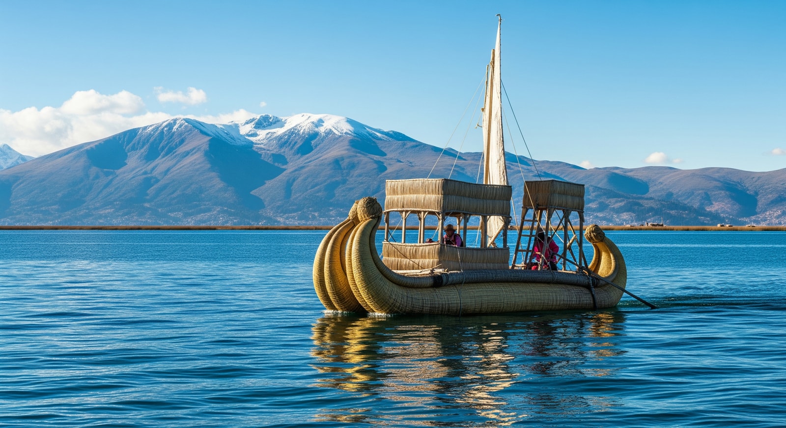 Traditional reed boat sailing on the deep blue waters of Lake Titicaca with snow-capped mountains in the background
