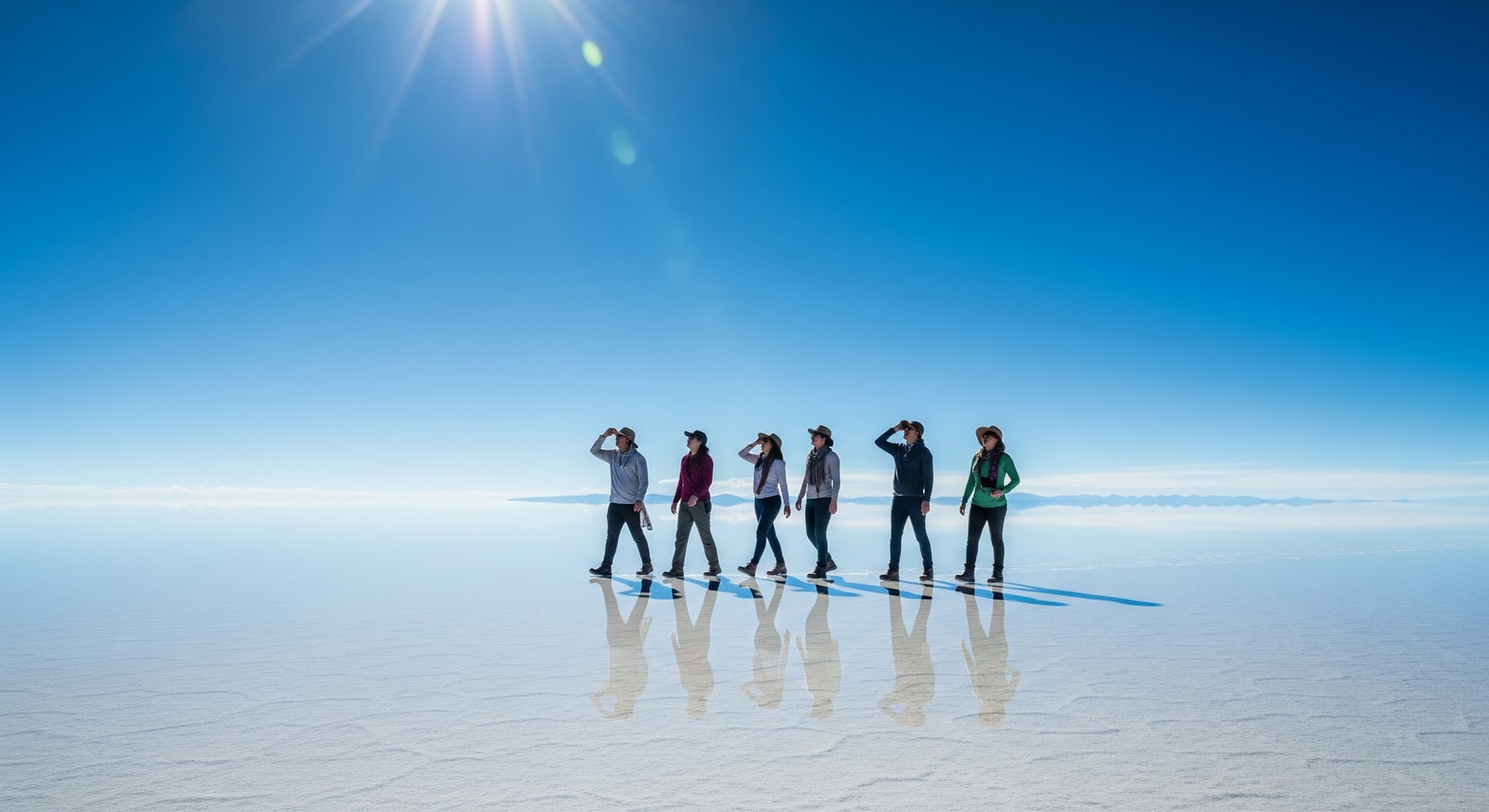Tourists walking on the vast white expanse of Salar de Uyuni with perfect mirror reflection of blue sky