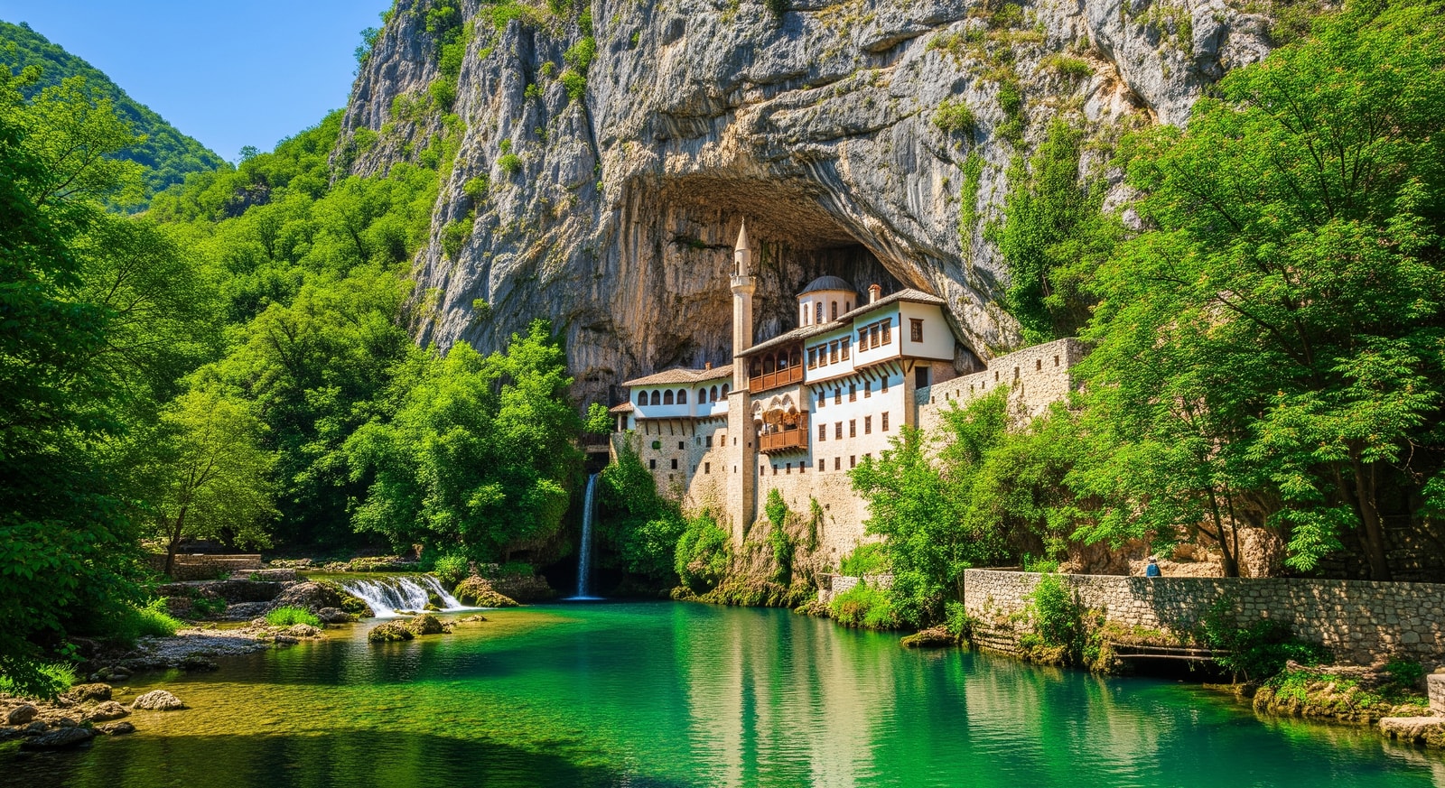 Blagaj Tekke Dervish monastery built into cliff face beside the Buna River spring in Herzegovina