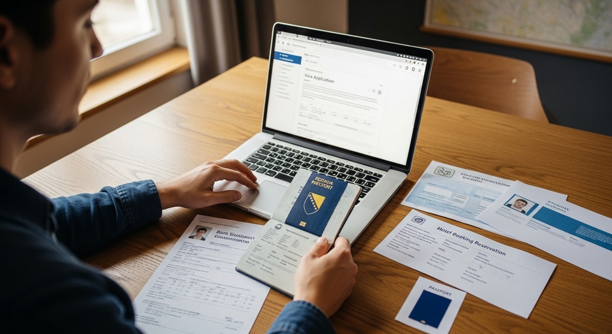 Traveler preparing Bosnia and Herzegovina visa application documents with laptop and passport