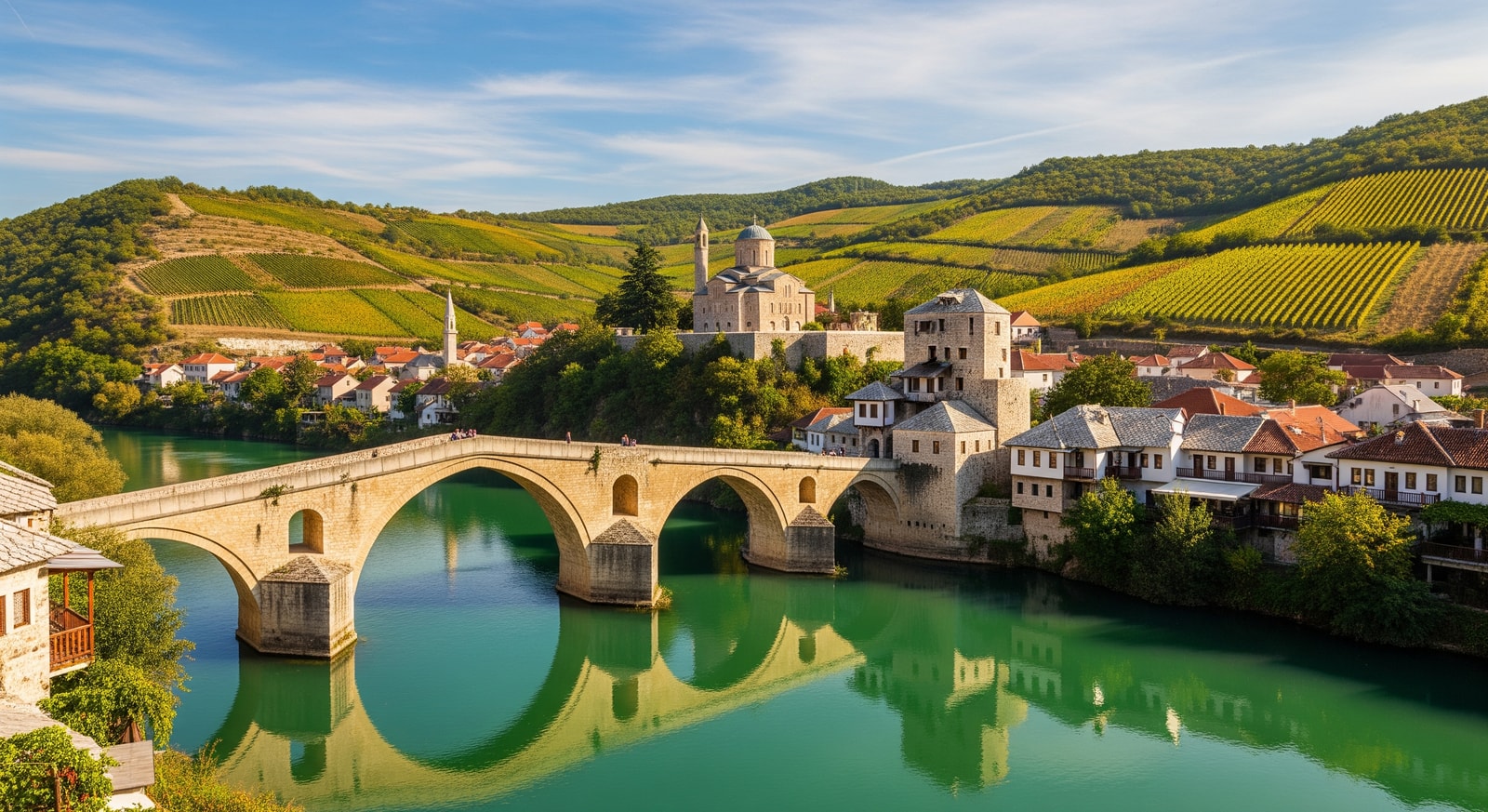 Historic Trebinje old town with Arslanagic Bridge and Orthodox monastery surrounded by Herzegovina vineyards