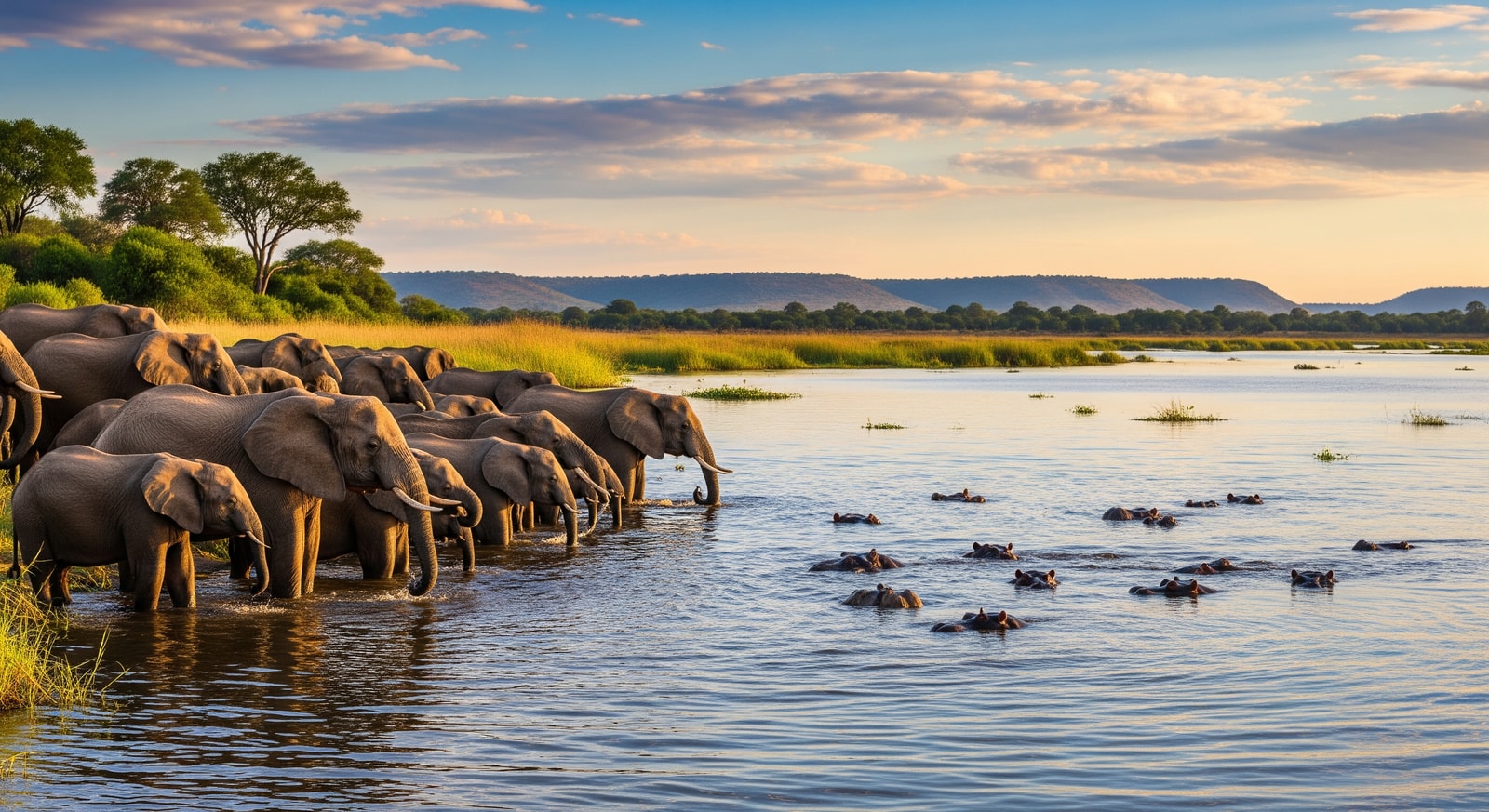 Large elephant herd drinking at the Chobe River with hippos visible in the water