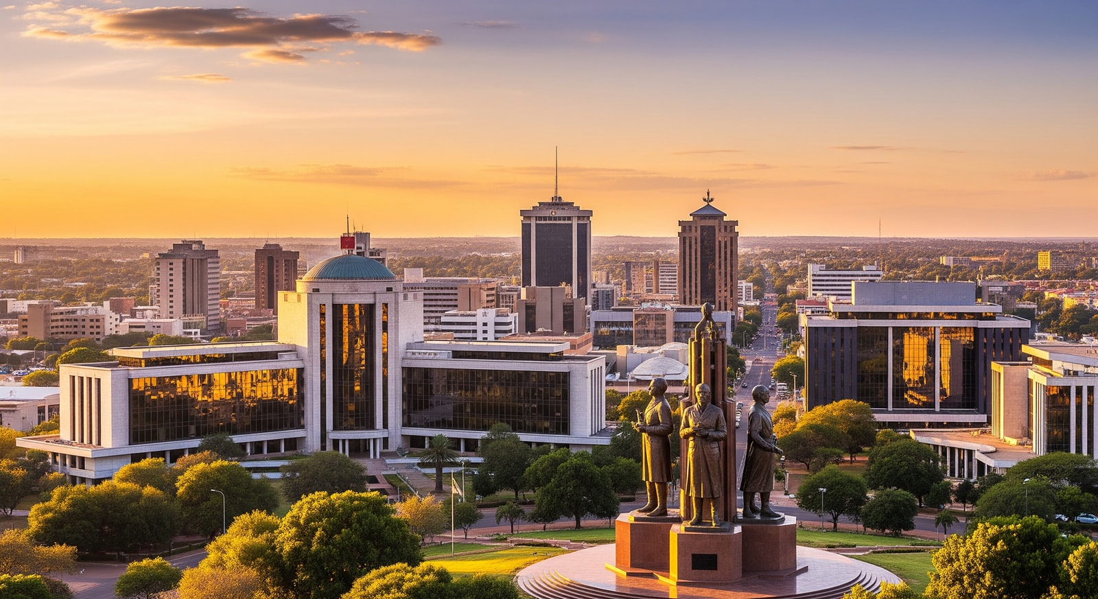 Modern Gaborone cityscape with government buildings and the Three Dikgosi Monument