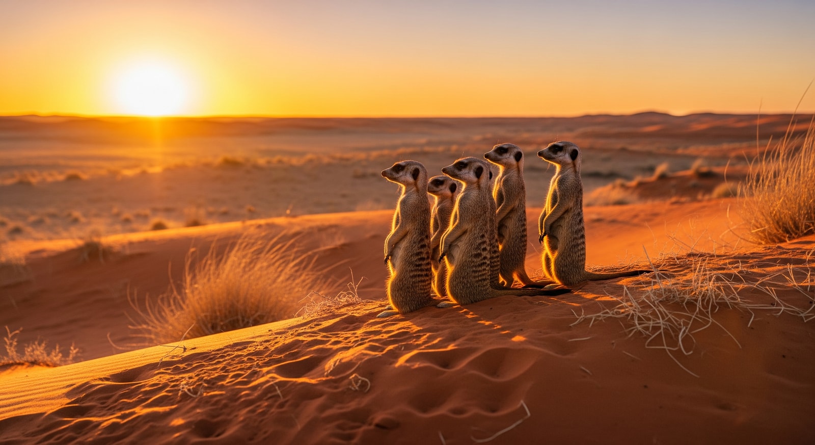 Meerkat family standing alert in the red sand dunes of the Kalahari Desert at sunrise