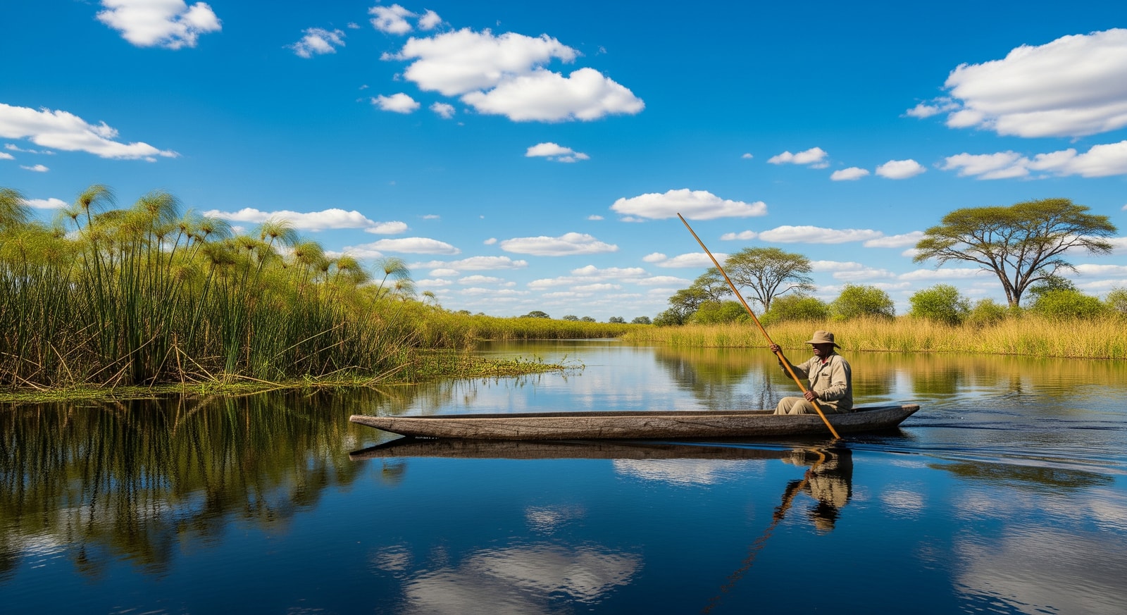 Traditional mokoro canoe gliding through crystal-clear waters of the Okavango Delta with papyrus reeds