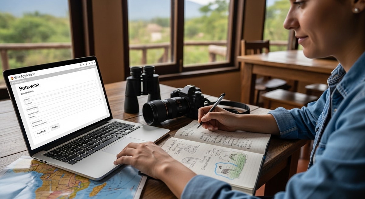 Traveler using laptop to apply for Botswana visa while planning safari adventure