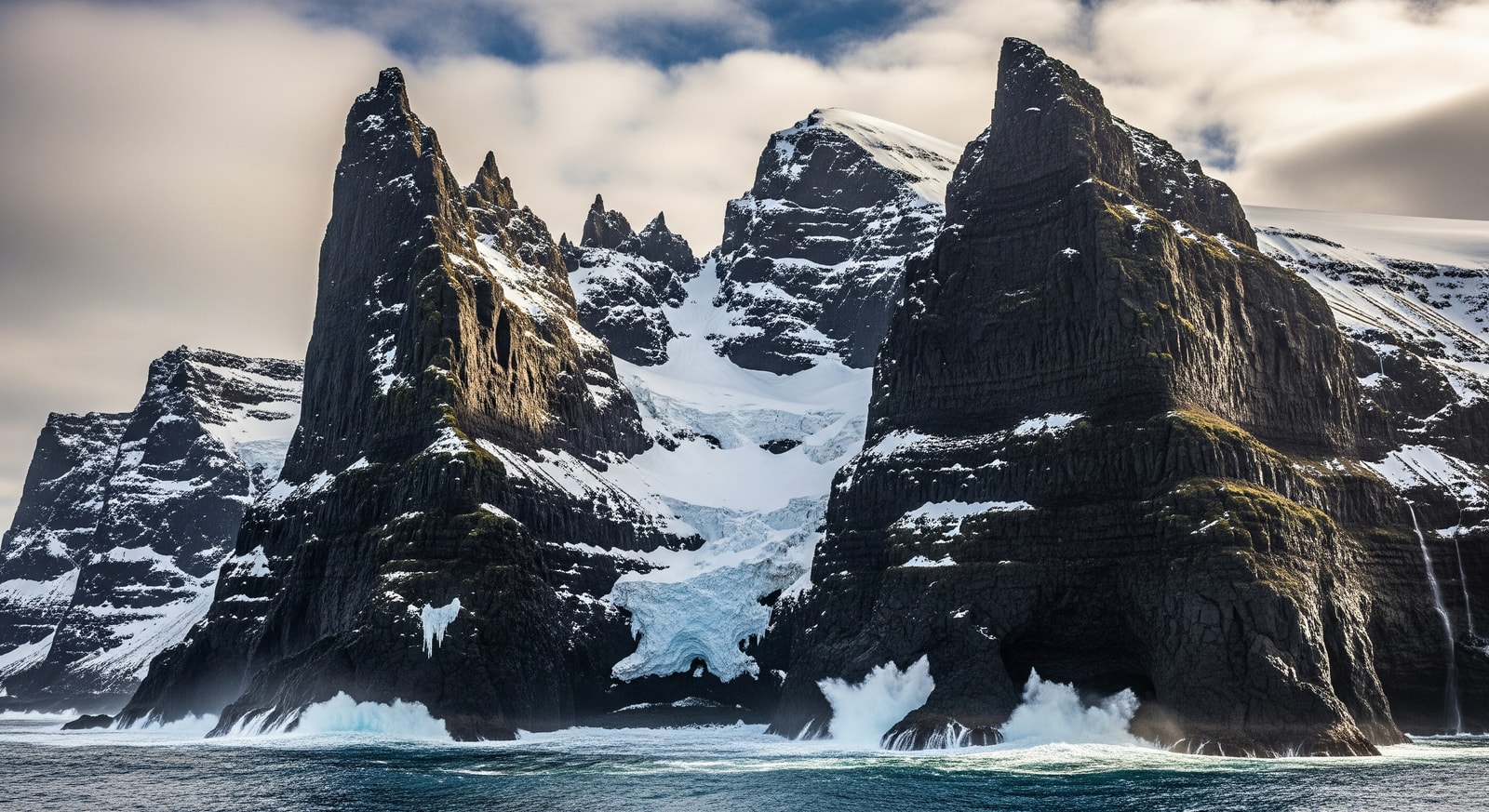 Dramatic volcanic cliffs of Bouvet Island rising from turbulent Southern Ocean waters with ice formations