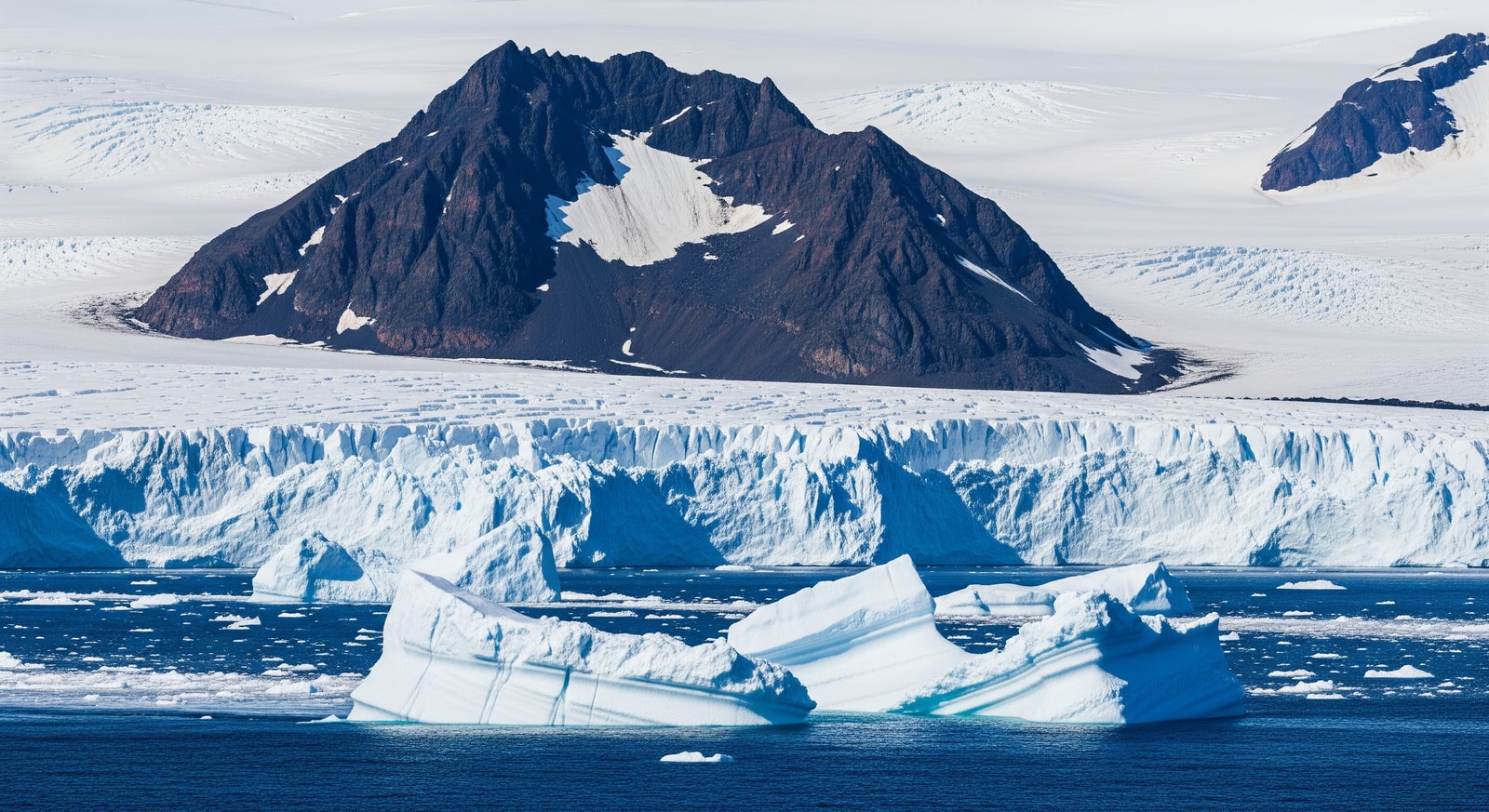 Massive glaciers covering the volcanic terrain of Bouvet Island with icebergs calving into the surrounding ocean