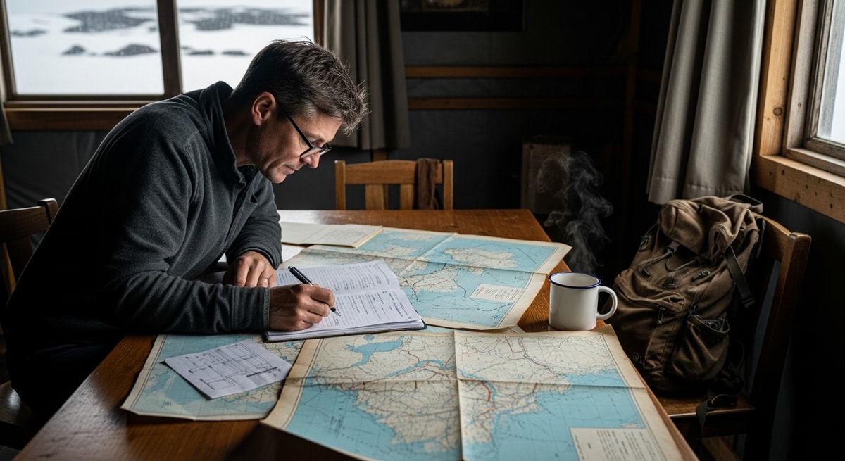 Research scientist reviewing expedition documents and maps for remote Antarctic island expedition