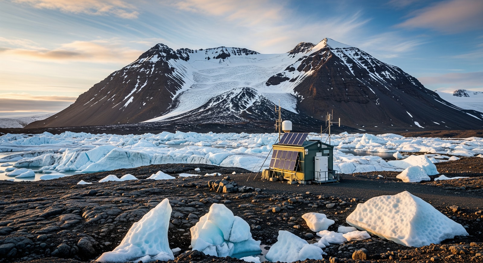 Remote Norwegian automated weather station on Bouvet Island surrounded by ice and volcanic rock