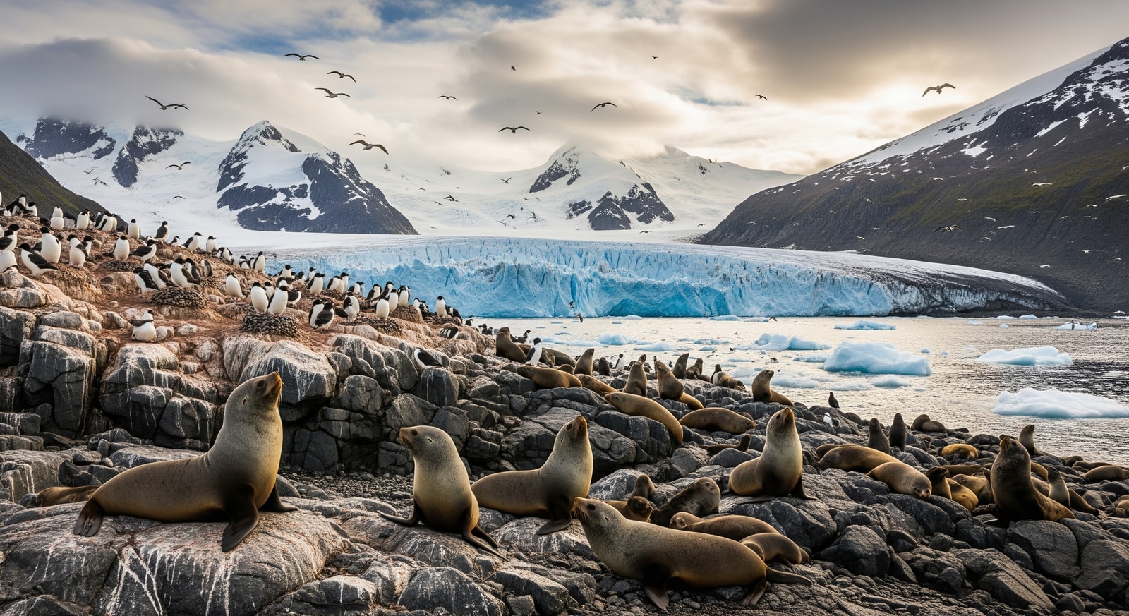 Colony of Antarctic fur seals and seabirds on the rocky shores of Bouvet Island with glaciers in background