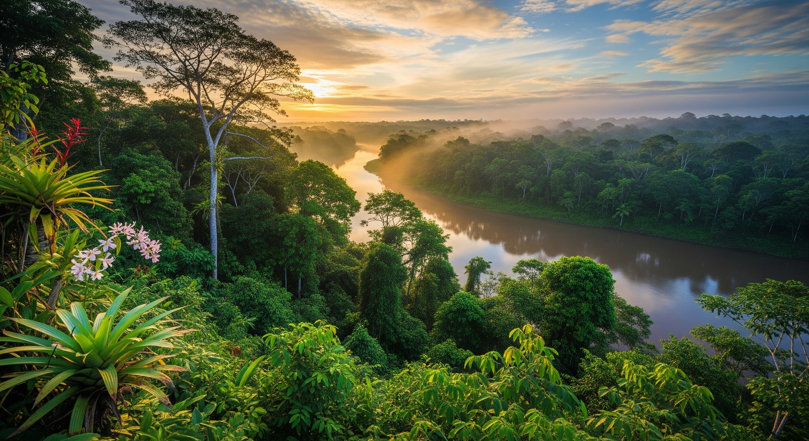Lush Amazon rainforest with winding river and diverse tropical vegetation stretching to the horizon