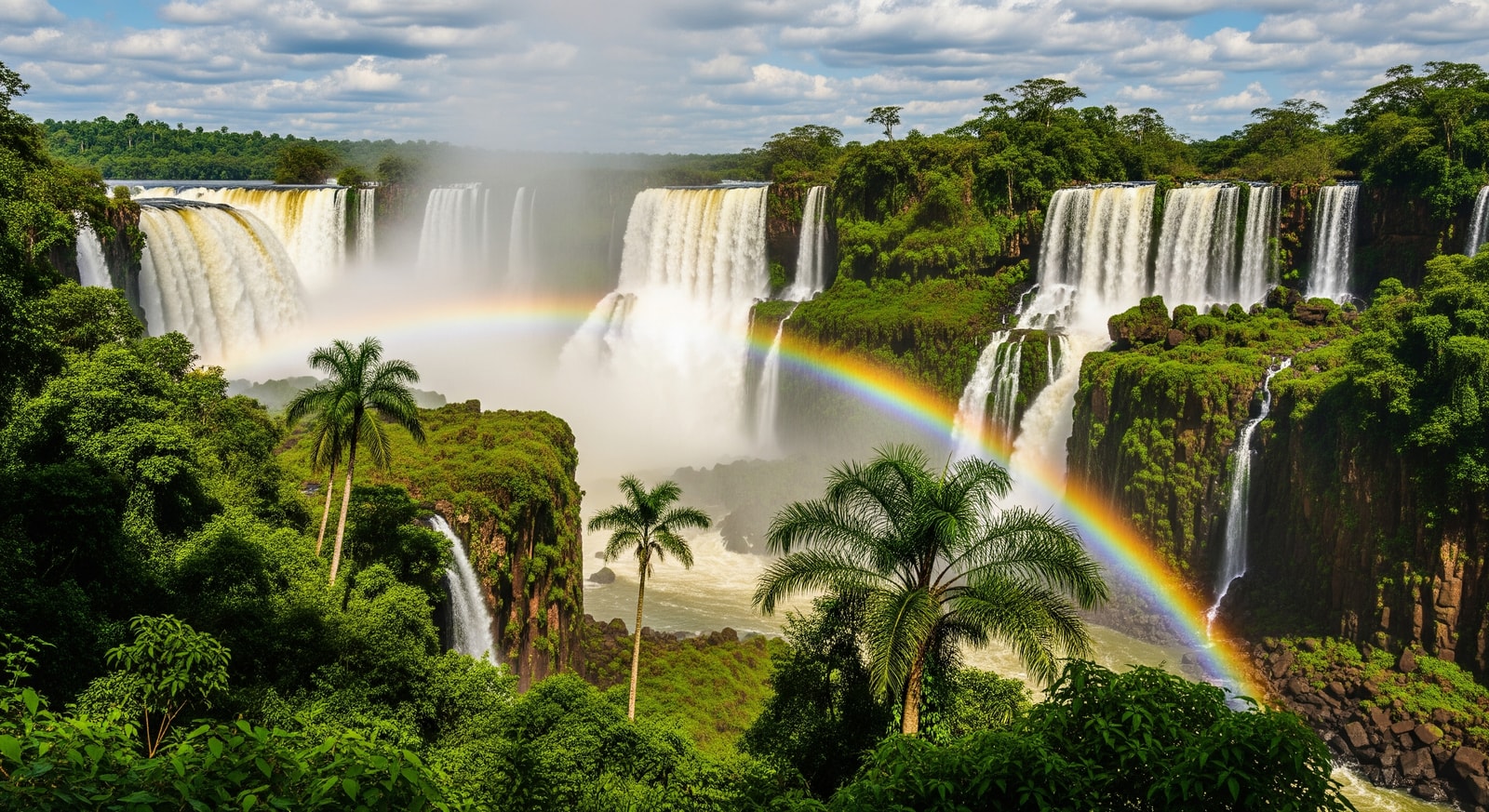 Spectacular Iguazu Falls with massive water curtains and lush green rainforest surrounding the cascades