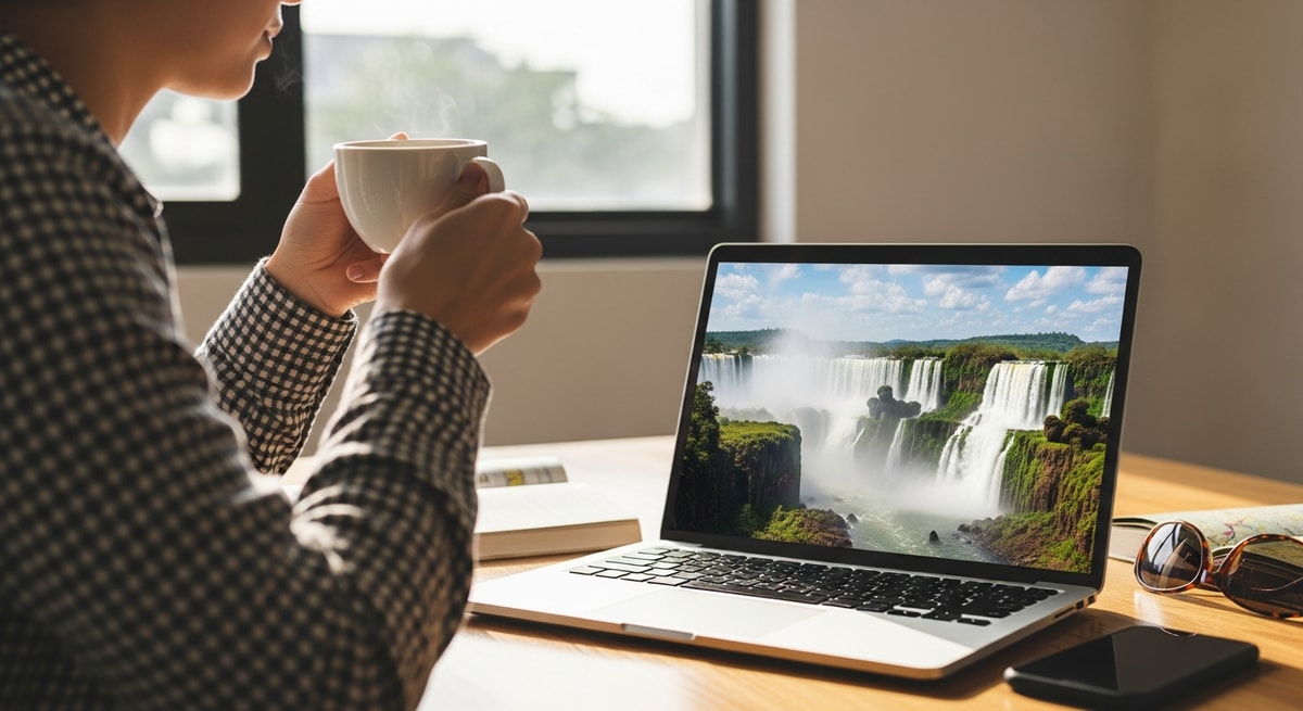 Traveler planning Brazil trip with laptop showing Iguazu Falls while enjoying coffee