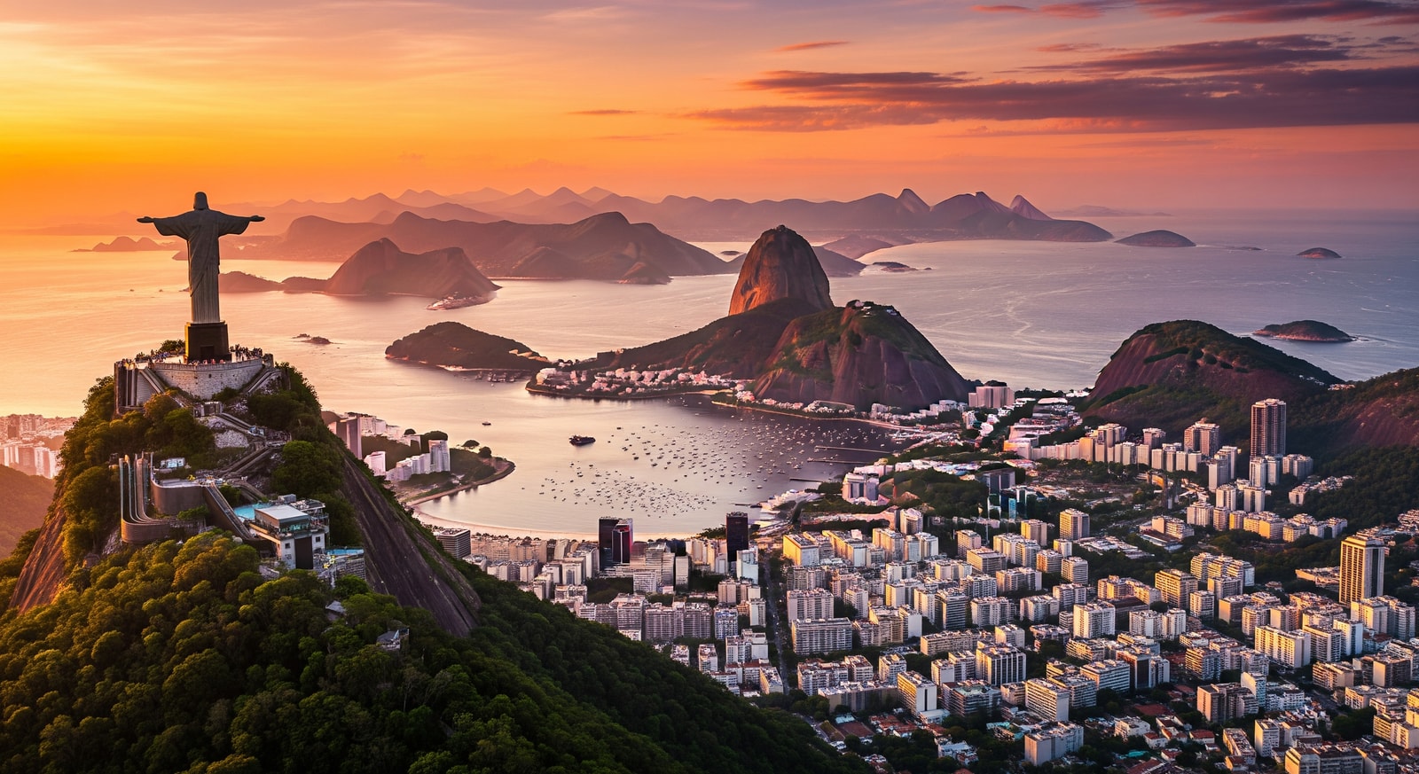 Panoramic view of Rio de Janeiro with Christ the Redeemer statue and Sugarloaf Mountain at golden hour