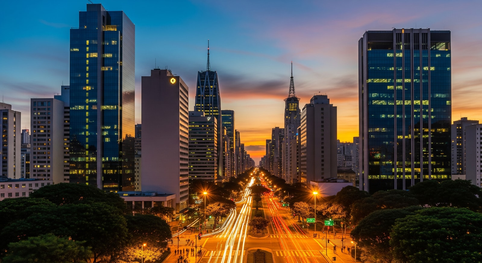 Modern Sao Paulo skyline with skyscrapers and the famous Paulista Avenue at dusk