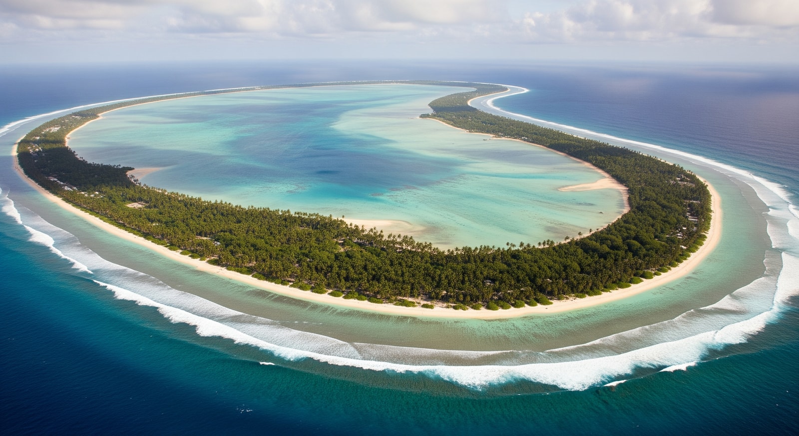 Aerial view of Diego Garcia atoll showing the distinctive horseshoe shape and lagoon of the Chagos Archipelago