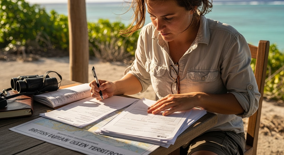 Researcher reviewing permit documents for British Indian Ocean Territory expedition