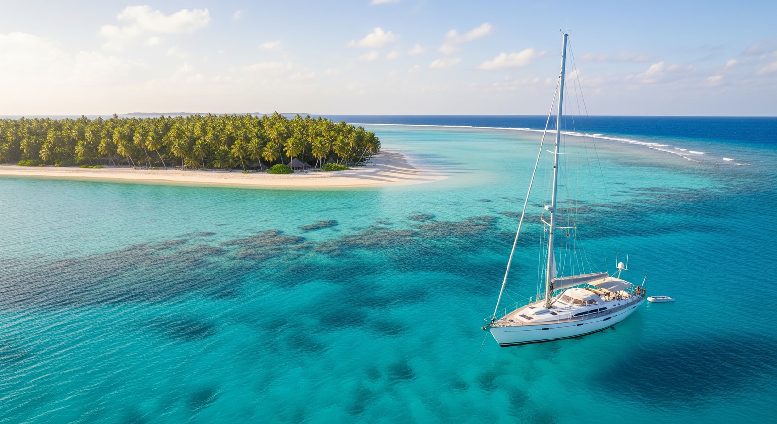 Private sailing yacht anchored in the turquoise lagoon waters of an outer Chagos island