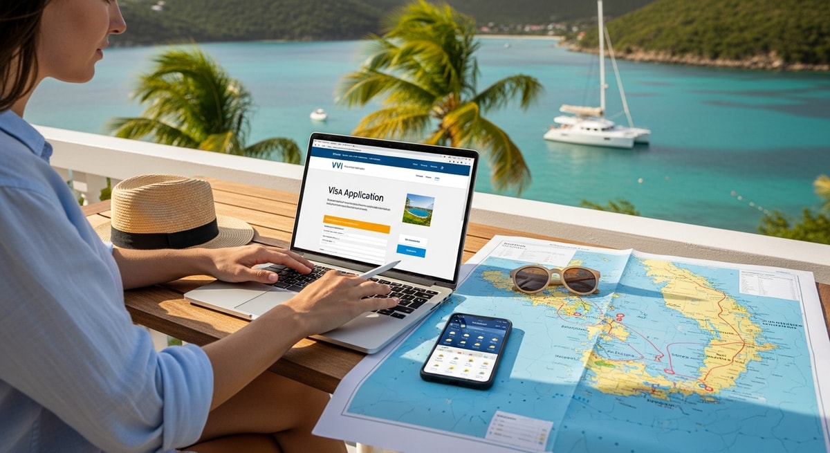Traveler using laptop to apply for British Virgin Islands visa while planning sailing vacation