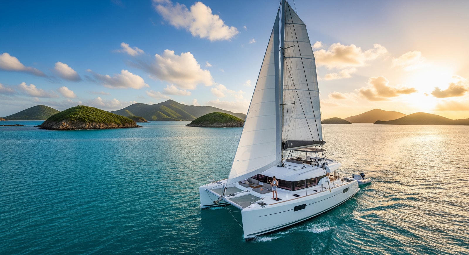Luxury catamaran sailing through the Sir Francis Drake Channel with islands in background