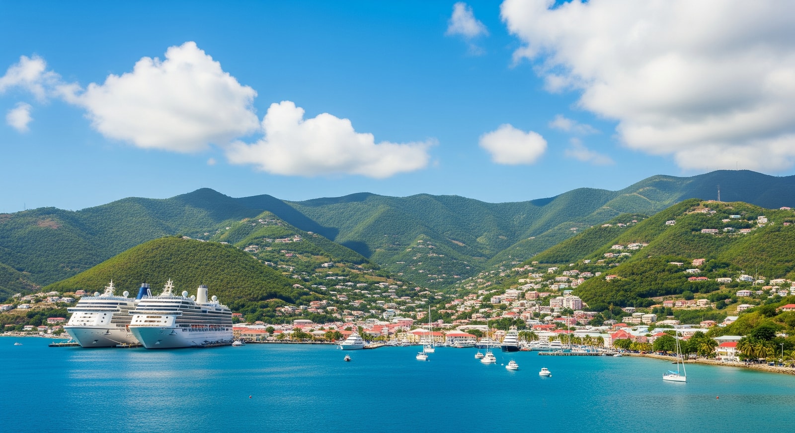 Panoramic view of Road Town harbor in Tortola with cruise ships and mountains